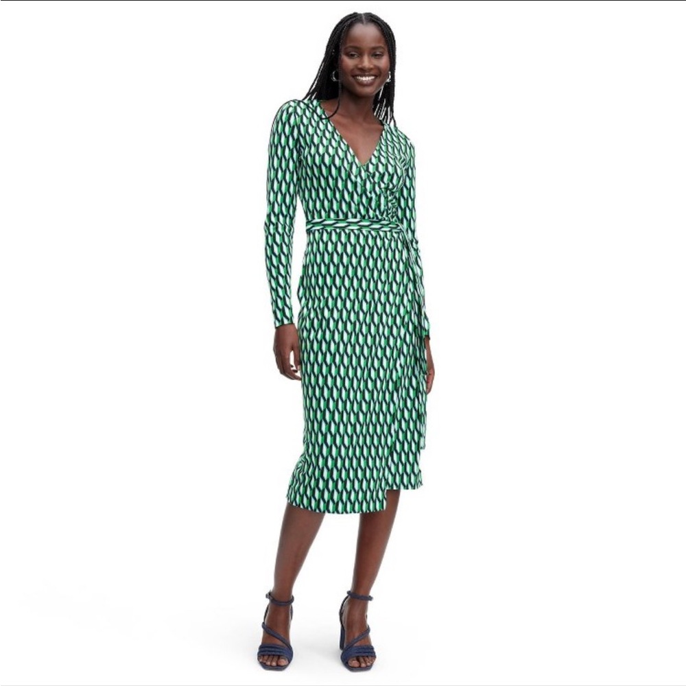 Long-Sleeve Midi Arrow Geo Green Wrap Dress